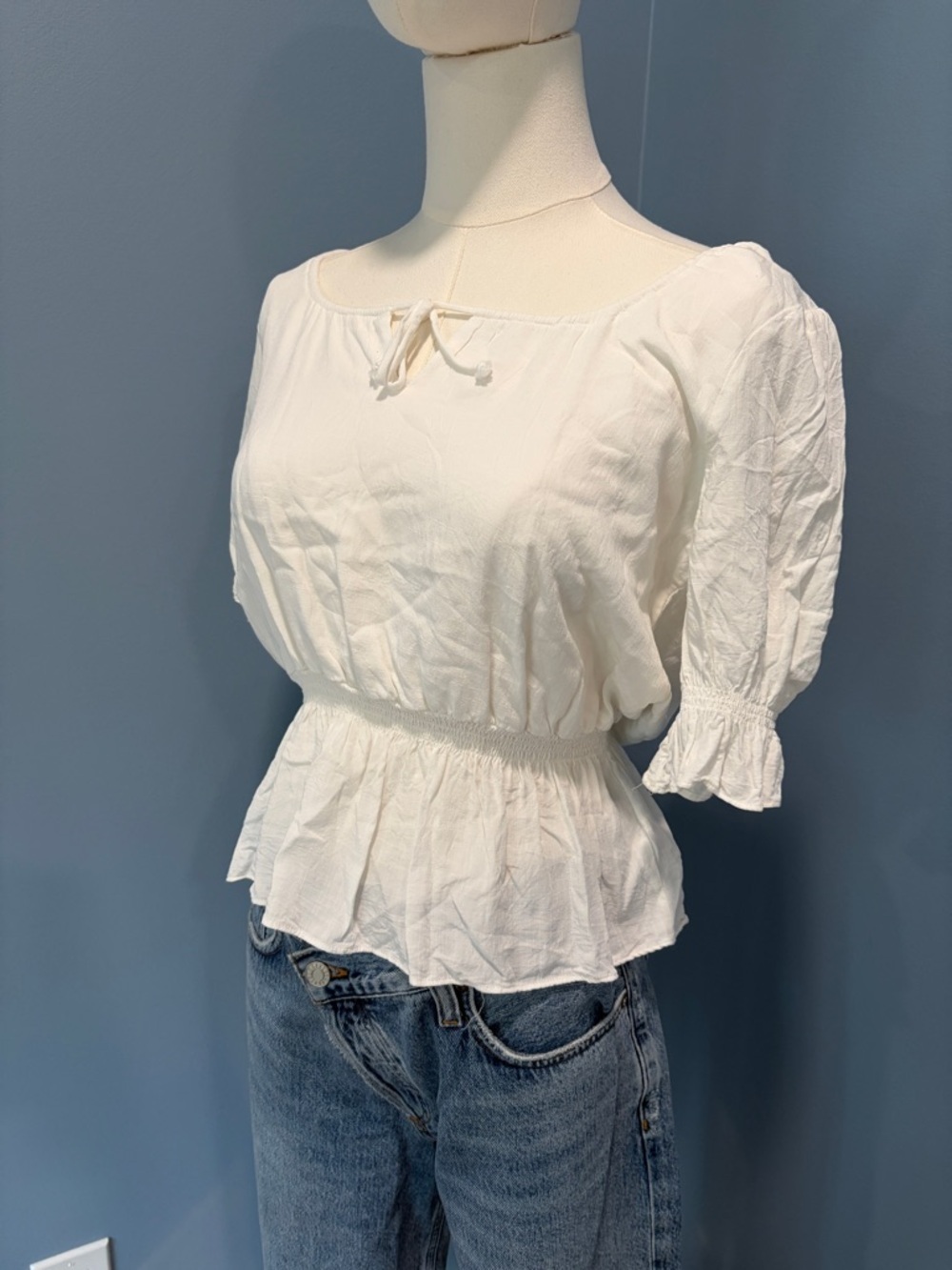 Socialite White Peplum Blouse Boho Anthropologie Style Puff Sleeve Medium